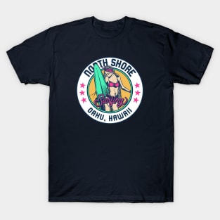 Retro Surfer Babe Badge North Shore Oahu Hawaii T-Shirt